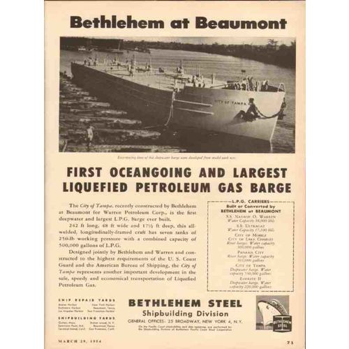 BETHLEHEM STEEL COMPANY 1954 City Tampa largest LPG barge vintage ad