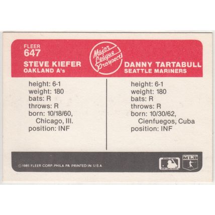 1985 Fleer Danny Tartabull - Steve Kiefer Rookie baseball card #647– RC