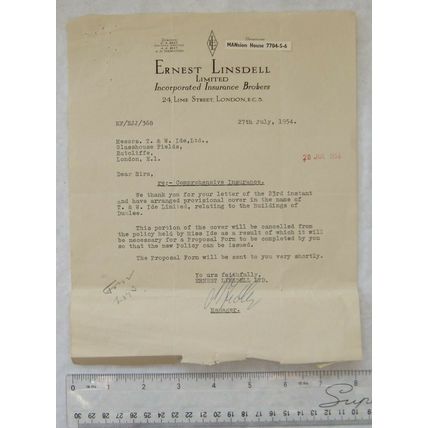 1954 letter Ernest Lindsell, insurance broker, London