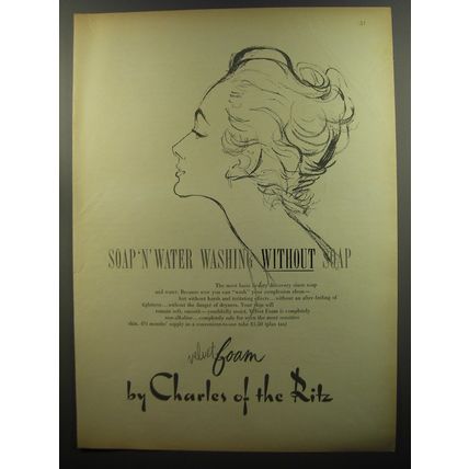 1953 Charles of the Ritz Velvet Foam Ad - Soap 'n' water washing without soap