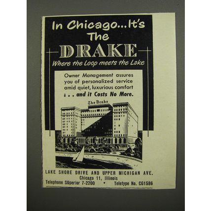 1953 The Drake Hotel Ad - In Chicago where the loop meets the lake