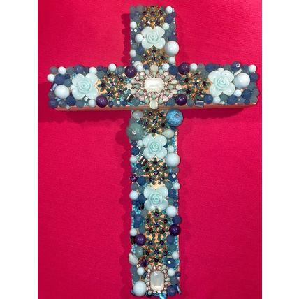 Wood Wall Artisanal Cross w/ Repurposed Jewelry different colors of Blue