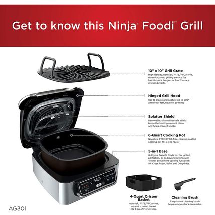 Ninja AG301 Foodi 5-In-1 Indoor Electric Grill with Air Fry, Roast, Bake & Dehyd