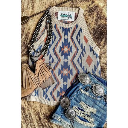 White Aztec Geometric Print Knitted Tank Top
