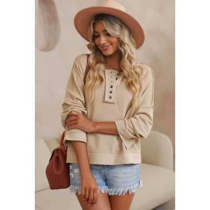 Khaki Casual Button Solid Patchwork Trim Hoodie