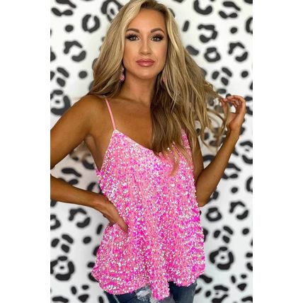 Pink Sequin Adjustable Straps Tank Top