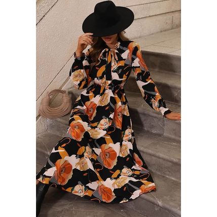 Orange Floral Print Tie Neck Long Sleeve Dress