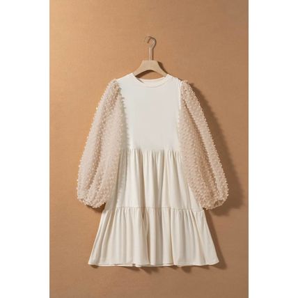 Beige Embellished Puff Sleeve Tiered A-line Dress