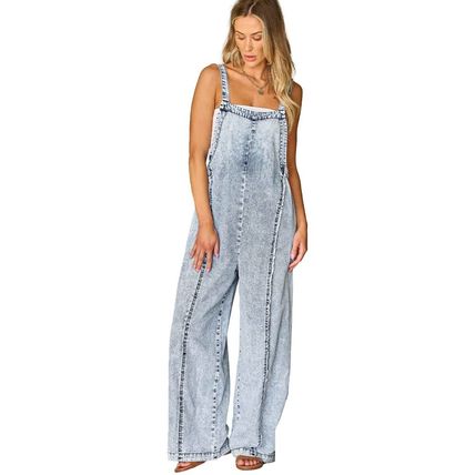 Beau Blue Light Wash Frayed Exposed Seam Wide Leg Denim Overall