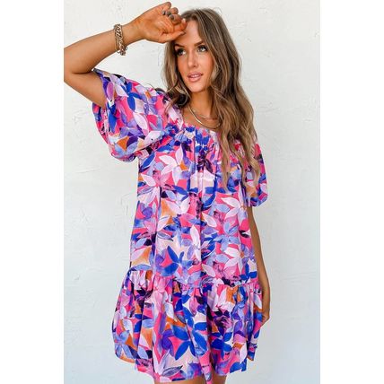 Purple Flower Print Short Puff Sleeve Ruffled Dress
