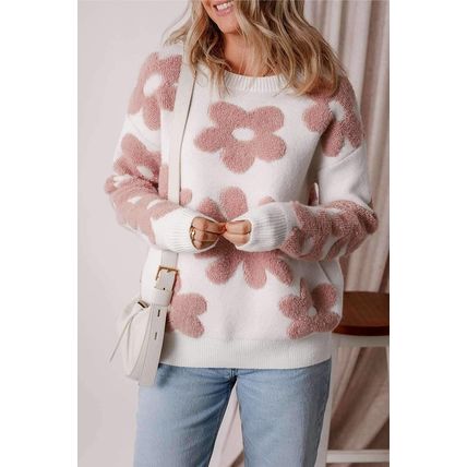 White Textured Flower Drop Shoulder Loose Sweater