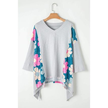 Green Plus Size Flower Patchwork Exposed Seam High Low Top