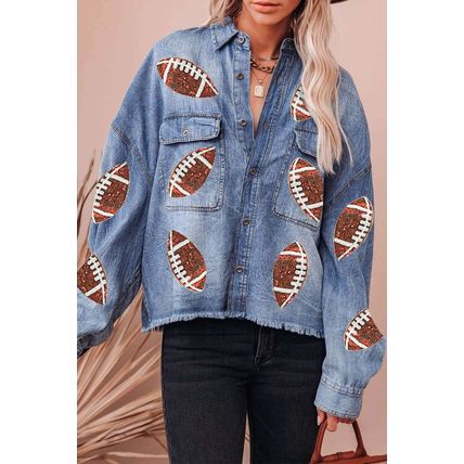 Sky Blue Sequin Rugby Graphic Flap Pockets Raw Hem Game Day Denim Jacket