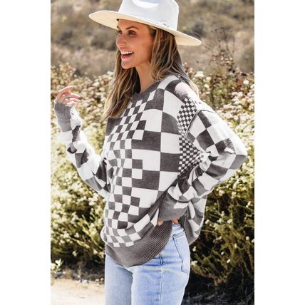 Gray Checkered Print Drop Shoulder Round Neck Sweater