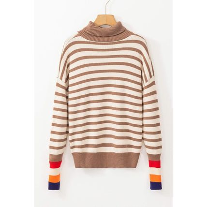 Brown Stripe Colorblock Bishop Sleeve Turtleneck Sweater