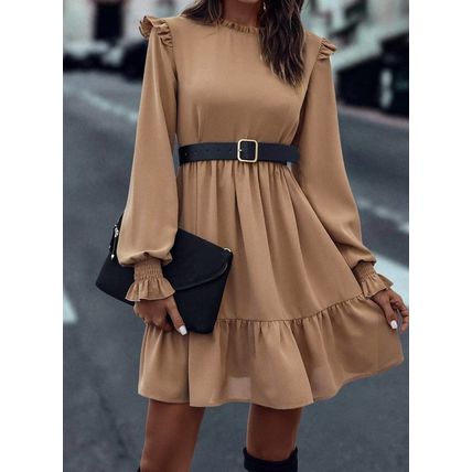 Light French Beige Frilled Collar Ruffled Shoulder Tiered Dress