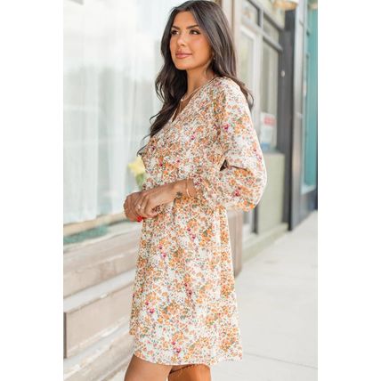 Yellow Boho Floral V Neck Ruffled Empire Waist Long Sleeve Mini Dress