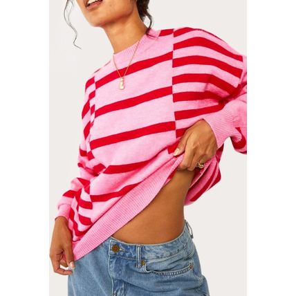 Pink Stripe Bubble Sleeve Drop Shoulder Ribbed Trim Sweater
