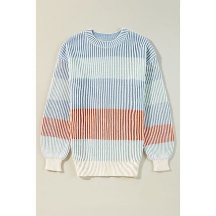 Multicolour Colorblock Textured Knit Bubble Sleeve Sweater
