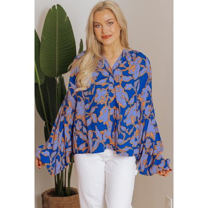 Blue Floral Print Batwing Sleeve Buttoned Loose Fit Shirt