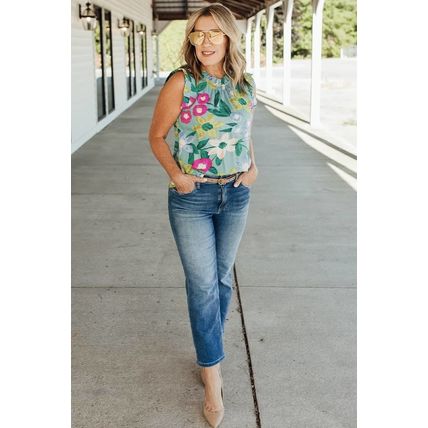 Green Floral Print Ruffle Trim Tank Top