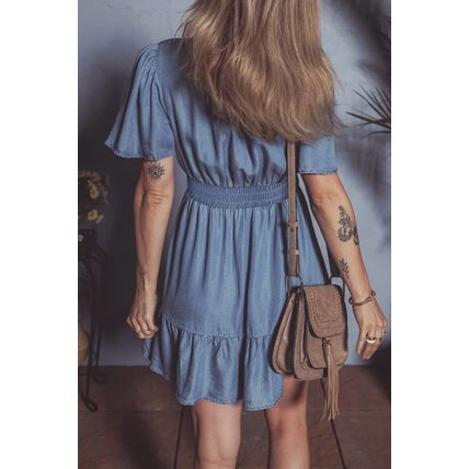 Ashleigh Blue Ruffled V Neck Smocked High Waist Denim Mini Dress