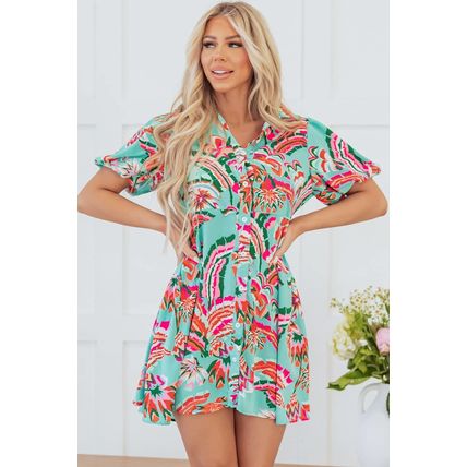 Green Abstract Print Lace-up High Waist Buttoned Mini Dress