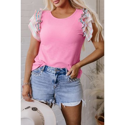 Bonbon Striped Ruffle Flutter Sleeve Ribbed Blouse