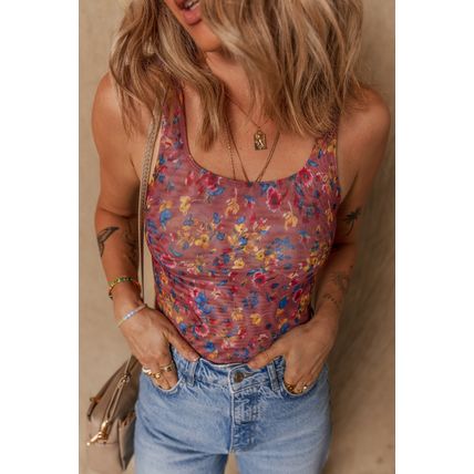 Purple Floral Printed Mesh U Neck Sleeveless Bodysuit