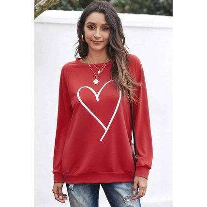 Red Heart Shape Print Long Sleeve Pullover Sweatshirt