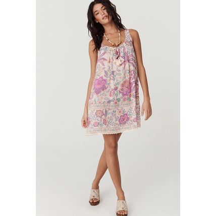 Multicolour Floral Print Fringed Tie U Neck Sleeveless Mini Dress