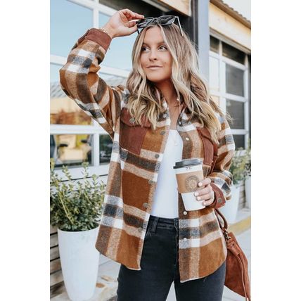 Brown Pocketed Buttoned Plaid Shirt Jacket