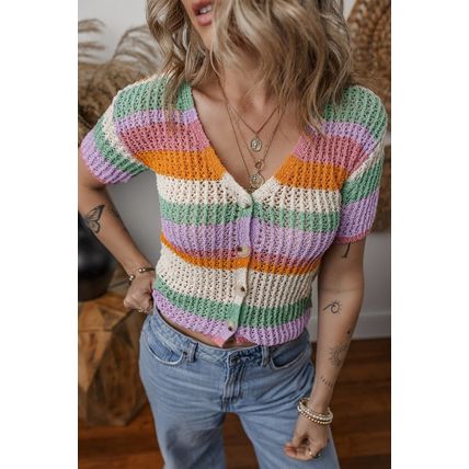 Orange Colorblock Striped Pointelle Knit V Neck Buttoned Crop Short Sleeve Sweat