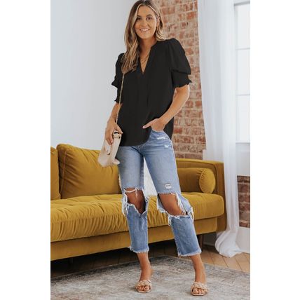 Black Solid Color Half Sleeve V Neck Blouse