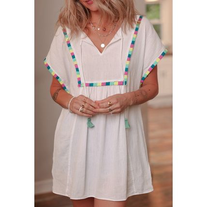White Colorful Fringed Detail Tassel Tie Neck Short Sleeve Blouse