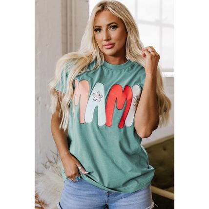 Sea Green MAMA Printed Mineral Wash Crewneck T Shirt