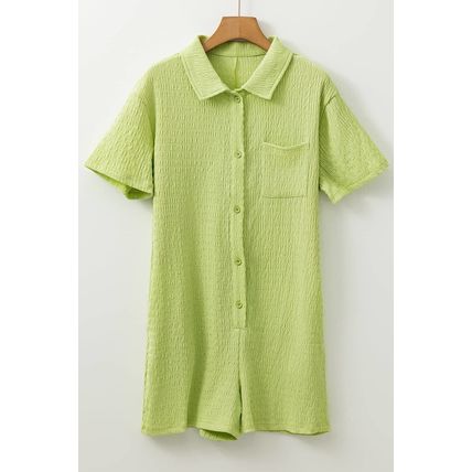 Meadow Mist Green Textured Short Sleeve Patched Pocket Buttoned Shirt Romper
