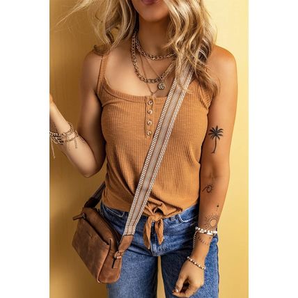 Straw Yellow Ribbed Front Knot Buttoned Thin Strap Tank Top
