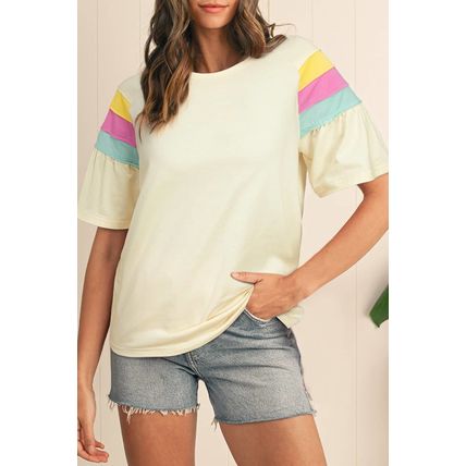 White Color Block Stitched Sleeve Loose T Shirt