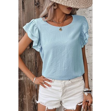 Mist Blue Solid Color Ruffled Short Sleeve Casual Blouse