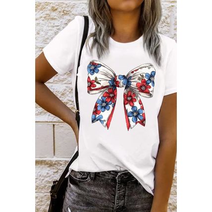 White July 4th Flower Bowknot Print Crew Neck T Shirt