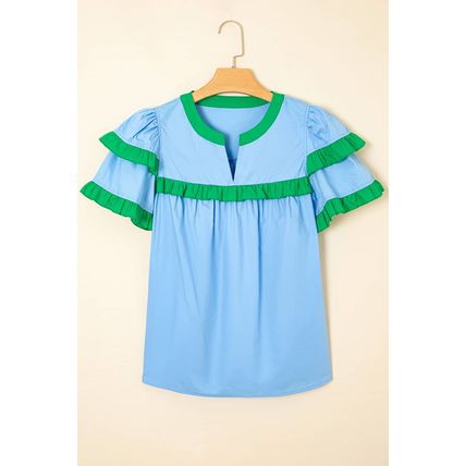 Mist Blue Contrast Notched Neck Frilly Detail Short Sleeve Blouse