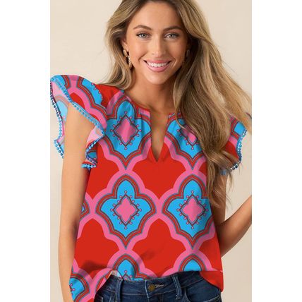 Red Abstract Floral Print Trimmed Flutter Sleeve Blouse