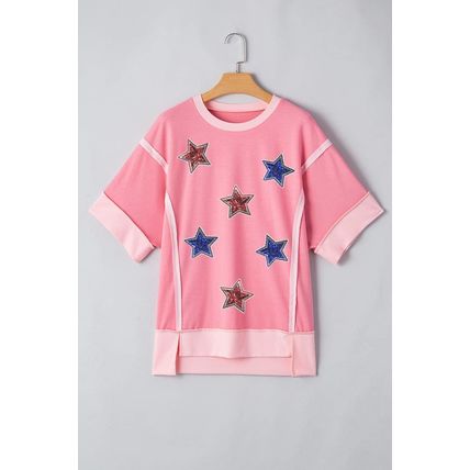 Peach Blossom Independence Day Sequin Star Graphic Contrast Patchwork Tee