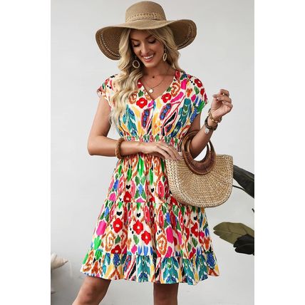 Sky Blue Abstract Print V Neck Dolman Sleeve Ruffle Tiered Mini Dress