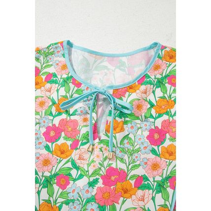 Green Floral Print Striped Trim Tie Neck Puff Sleeve Babydoll Blouse