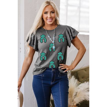 Dark Grey Sequin Turquoise Pattern Ruffle Sleeve Cowgirl Tee
