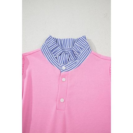 Bonbon Button Striped Collar Patchwork Puff Sleeve Sweatshirt