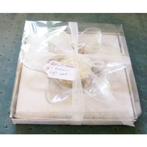 Glass Flower Shaped Votive Holder & Rose Shaped Candle Gift Boxed