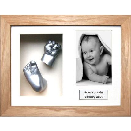 New BabyRice Newborn Baby Casting Kit, Solid Oak Frame, Silver Hand Foot Casts